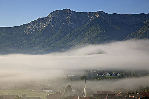 秋天,雾,上方,科赫尔湖,苔藓,高山,巴伐利亚,德国