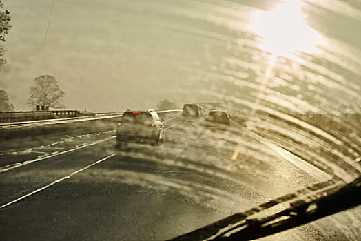 公路,汽车,日落,路湿,雨刷
