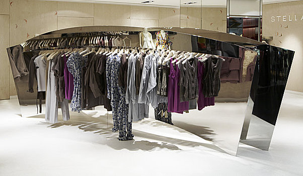 百货公司,伦敦,2008年,反射,展示,衣服,悬挂,轨道