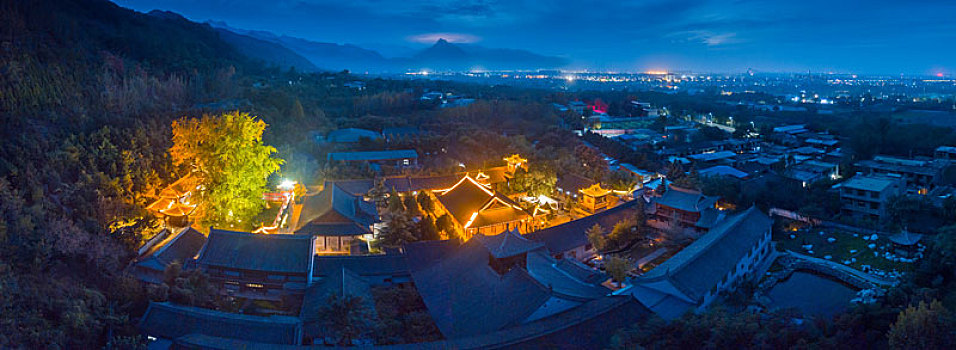 航拍西安古观音禅寺终南禅寺夜景