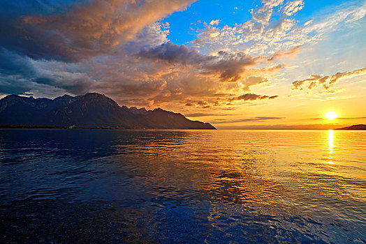 莱曼,日内瓦湖,日落,瑞士