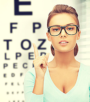 医疗,视野,概念,女人,眼镜,视力表