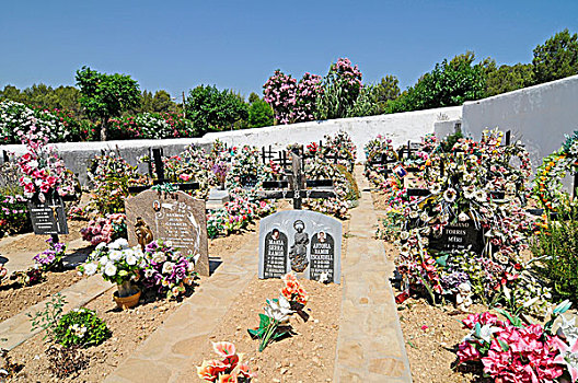 墓地,彩色,花,教堂,圣洛伦佐,伊比萨岛,巴利阿里群岛,西班牙,欧洲