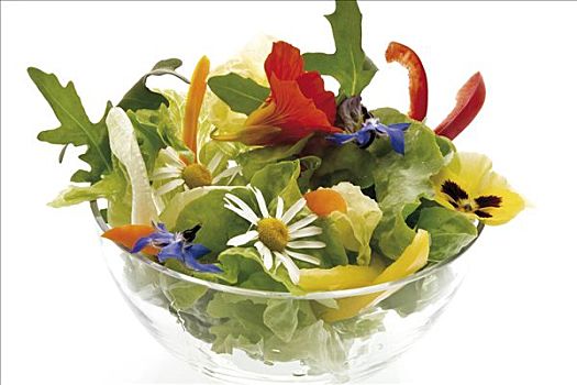 健康,花,沙拉,玻璃碗,莴苣,芝麻菜,旱金莲,雏菊,琉璃苣,三色堇,椒,切片