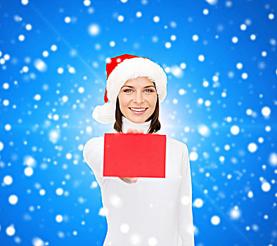 圣诞节,人,广告,销售,概念,高兴,女人,圣诞老人,帽子,留白,红牌,上方,蓝色,雪,背景