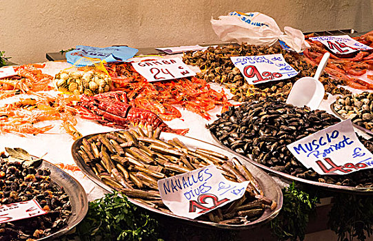 巴塞罗那,西班牙,市场,海鲜,虾,食物,销售