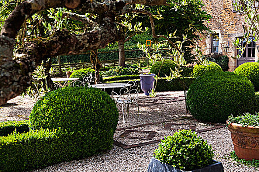 花园桌,椅子,砾石,绿雕塑,灌木丛,树篱