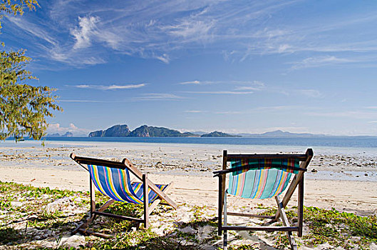 折叠躺椅,沙滩,苏梅岛,岛屿,省,泰国,东南亚,亚洲