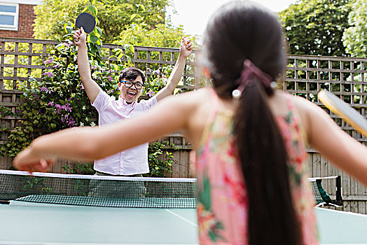活力,父亲,女儿,玩,乒乓球