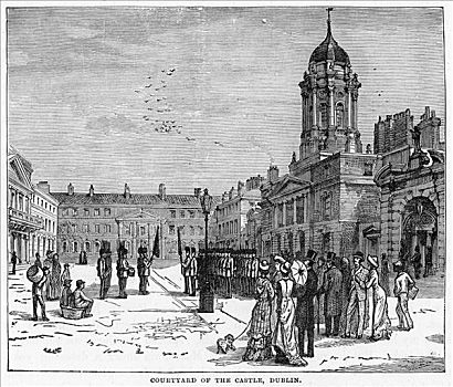 院落,城堡,都柏林,19世纪