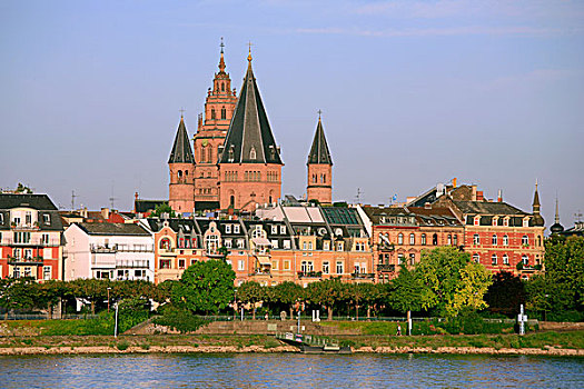 水岸,美因茨,大教堂,莱茵兰普法尔茨州,德国,欧洲
