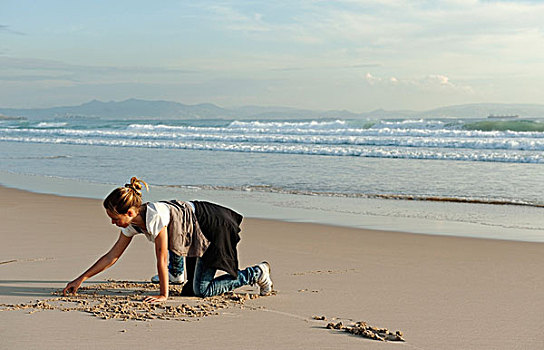 女孩,绘画,沙子,海滩,哥斯达黎加,安达卢西亚,西班牙