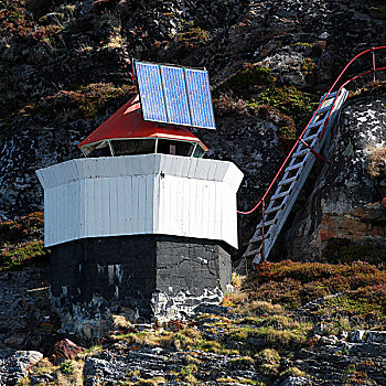传统,挪威,灯塔,小,岩石,岛屿,太阳,电池,红色,上面