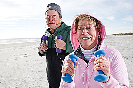 老年,夫妻,练习,海滩