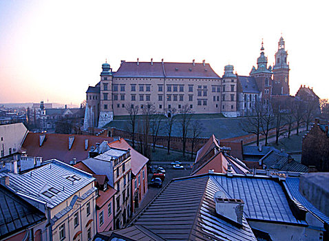 皇家,城堡,克拉科夫,街道,波兰,一起,大教堂,要塞,山,建筑,文艺复兴,哥特风格