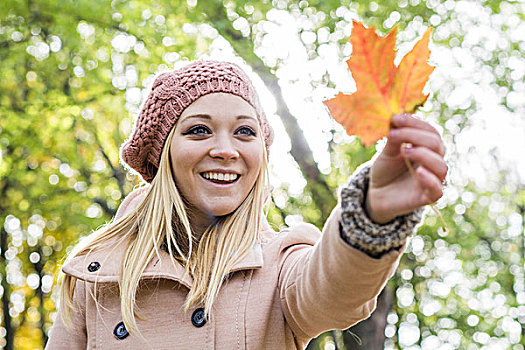 美女,拿着,秋天,枫叶,公园,蒙特利尔,魁北克,加拿大
