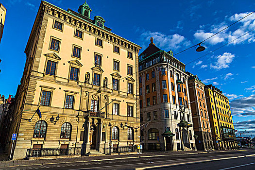 阳光,反射,建筑,城市街道,格姆拉斯坦,老城,斯德哥尔摩,瑞典