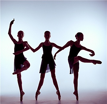 构图,剪影,三个,年轻,跳芭蕾