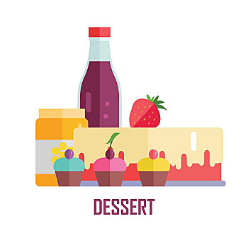 甜点,概念,矢量,设计,收集,多样,甜食,饮料,果汁,蜂蜜,草莓,蛋糕,白色背景,背景,插画,饮食,菜单,广告牌,旗帜