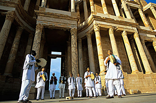 利比亚,靠近,的黎波里,萨布拉塔,罗马人,剧院,传统,音乐人