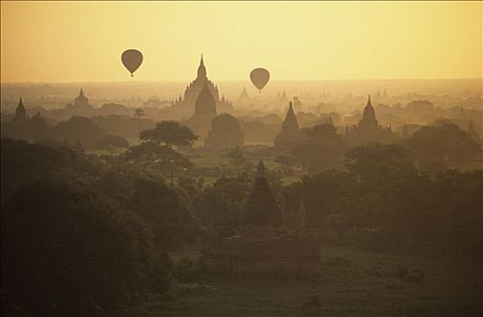 缅甸,蒲甘,热气球,飞跃,场所,庙宇,晨雾