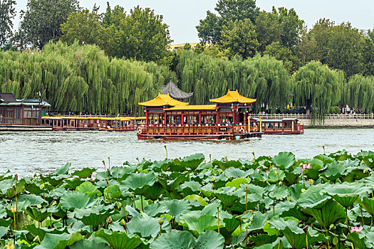 济南市大明湖风景区荷塘后面的水榭古建筑
