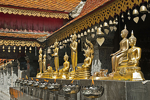 排,小,金色,佛,小雕像,素贴寺,清迈,泰国