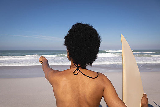 美女,冲浪板,指点,海洋,海滩,阳光