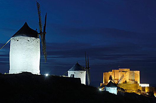 风车,西班牙绅士,城堡,黃昏,12世纪,康斯艾格拉,托莱多,路线,堂吉诃德,西班牙,欧洲