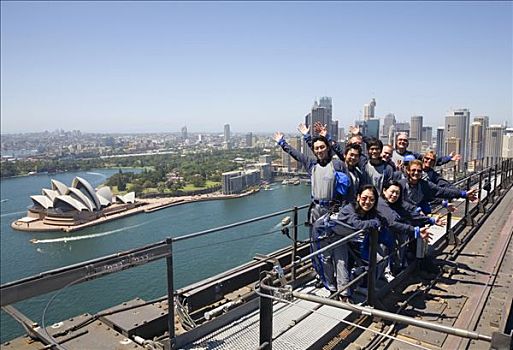 澳大利亚,新南威尔士,悉尼,攀登者,站立,悉尼海港大桥,国际,游人,印象深刻,上方,悉尼港,城市
