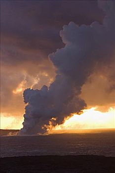 夏威夷,夏威夷大岛,卡拉帕那,蒸汽,云,火山岩,进入,太平洋,基拉韦厄火山