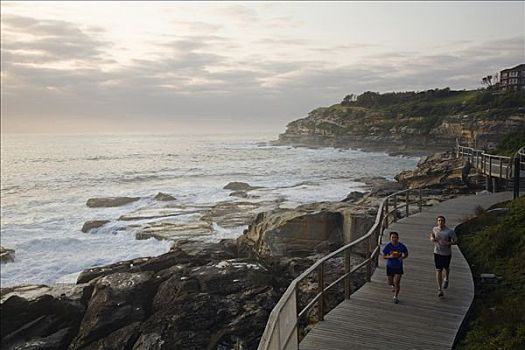 澳大利亚,新南威尔士,悉尼,早晨,慢跑者,沿岸,过去,东方