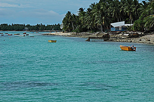 tuvalu,funafuti,rear,view,of,schoolgirls,walking,on,street,by,building,with,trees,in,the,background