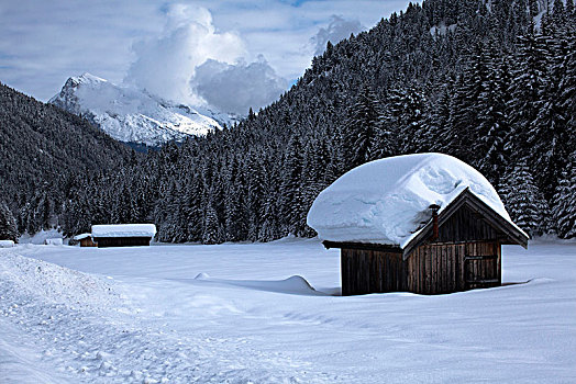 高山,冬季风景,木质,小屋