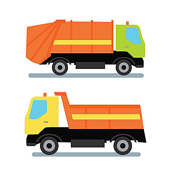 两个,橙色,卡车,运输,垃圾车,绿色,交通工具,黄色,装配,垃圾