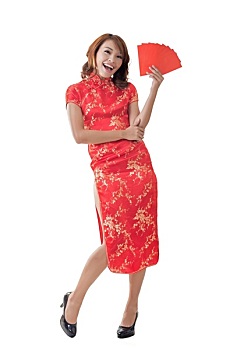 中国人,女人,连衣裙,旗袍,拿着,红色,信封