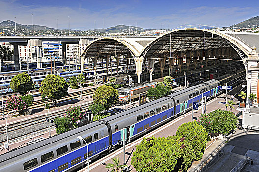 俯视,火车站,高速火车,火车,尼斯,蓝色海岸,法国