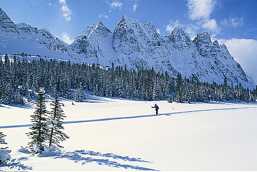 越野滑雪者,山谷,碧玉国家公园,艾伯塔省,加拿大