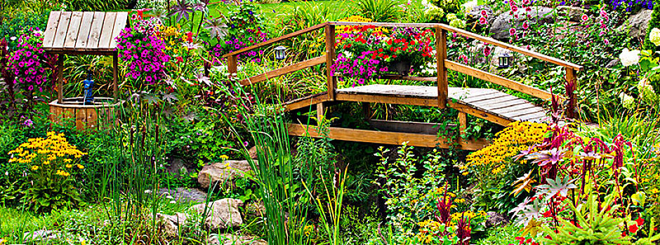 花,花园,木桥,上方,河流,魁北克,加拿大