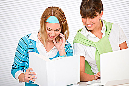 学生,在家,两个,女青年,学习,一起,书本,笔记本电脑