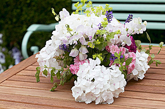 束,夏花,八仙花属,花园桌