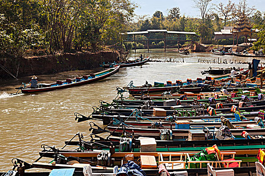 旅游,游艇,停泊,河,旅店,乡村,缅甸