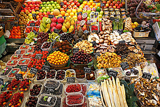 市场货摊,销售,外来水果,水果,蘑菇,蔬菜,老,市场,大厅,兰不拉,巴塞罗那,加泰罗尼亚,西班牙,欧洲