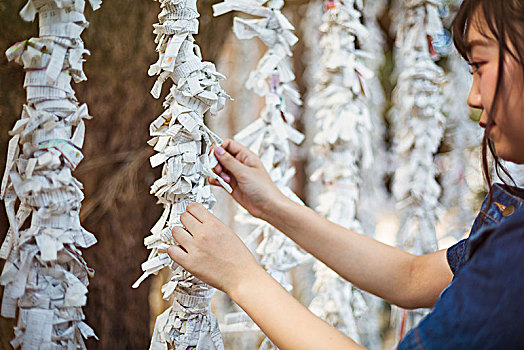 美女,穿,蓝色,衣服,系,占卜,纸,日本神道,神祠,福冈,日本