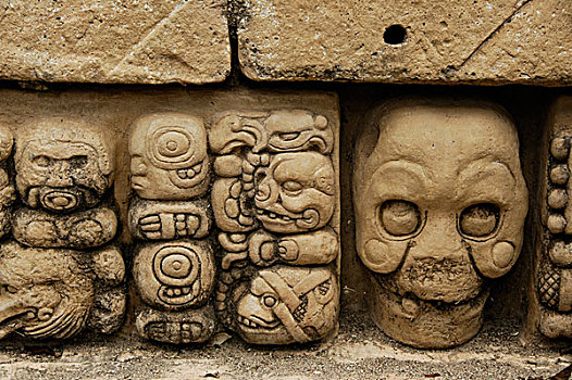 中美洲,洪都拉斯,玛雅,冥想,排,雕刻,头骨,局部,嘴,怪兽