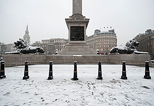 雪,落下,中心,伦敦,青铜,狮子,仰视,纳尔逊纪念柱,特拉法尔加广场