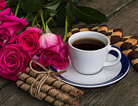 咖啡,花,粉色,饼干,两个