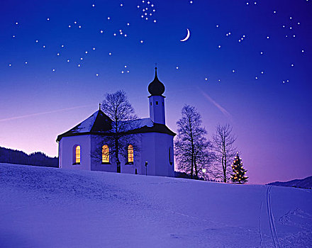 冬天,小教堂,夜晚,奥地利