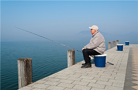 老人,垂钓,巴拉顿湖,匈牙利