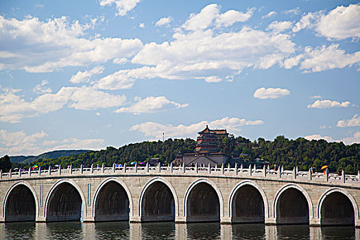 蓝天白云下的十七孔桥和昆明湖